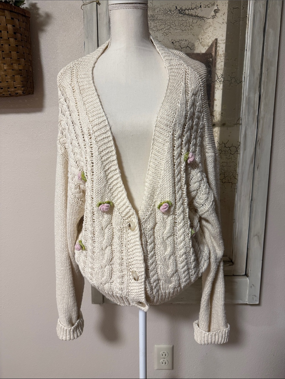 Altar'd State Cream Cable Knit Cardigan with Pink Rose Embroidery